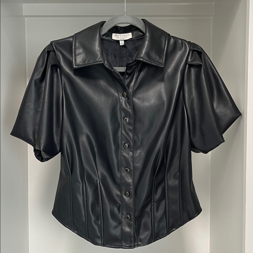 Chic Black Button-Down Faux Leather Shirt